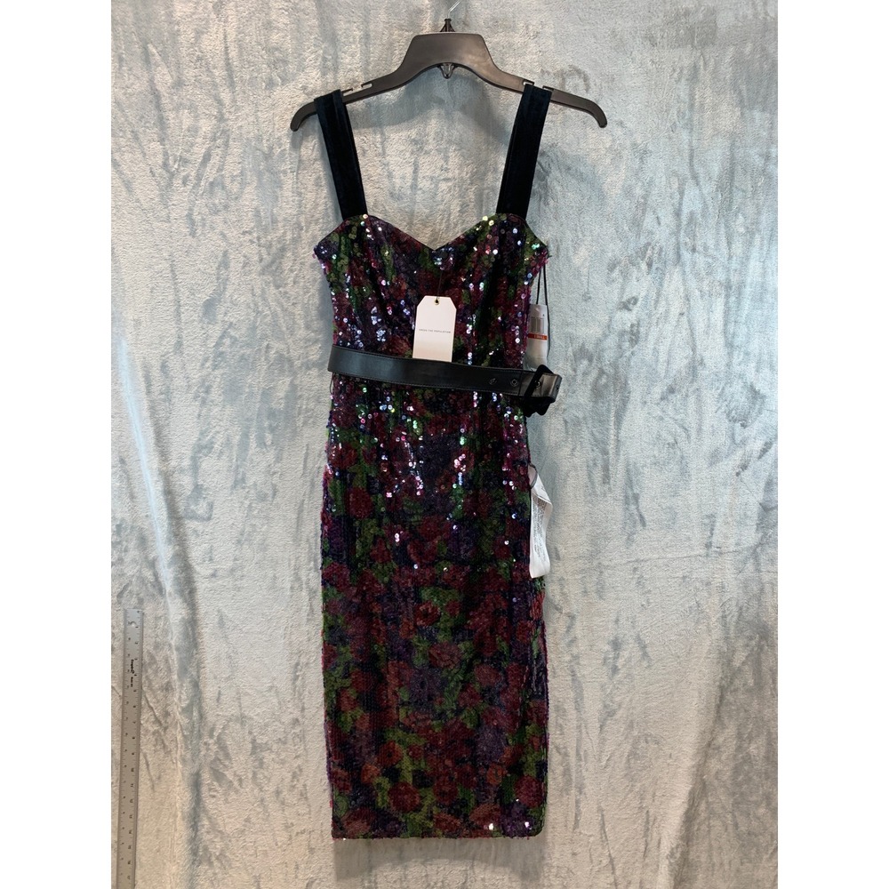 Dress The Population Deep Plum Multi Sequin Floral Midi Dress Belted XS NEW